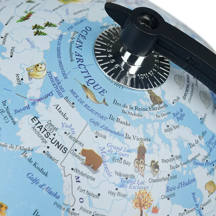 20cm (8") French Language Cartoon World Globe with Black Painted Metal Base & Meridian detail view 4